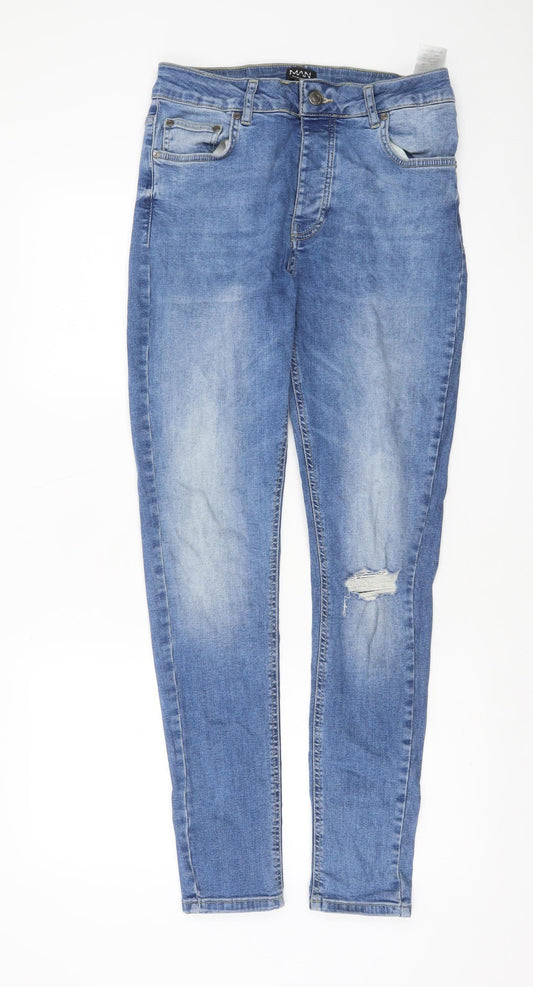 boohooMAN Men’s Blue Skinny Distressed Stretch Denim Jeans Size 34