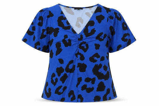 Front view of Simply Be Women's Blue Animal Print V-Neck Tunic Blouse, size 24