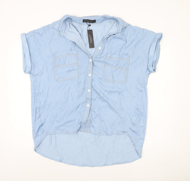 Zanzea Womens Blue Collared Short Sleeve Button-Up Shirt XL Relaxed Fit