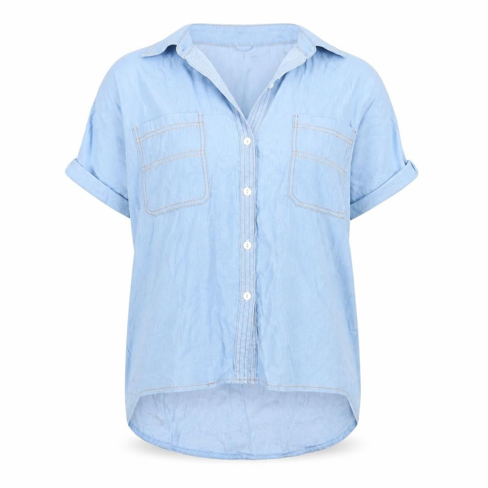 Zanzea Womens Blue Collared Short Sleeve Button-Up Shirt XL Relaxed Fit