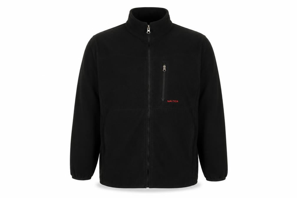 Front view of Nautica Men's Black Fleece Zip-Up Jacket, size L, Regular Fit