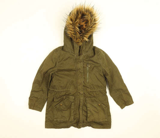 Zara Girls Green Faux Fur Lined Hooded Parka Coat 7 Years