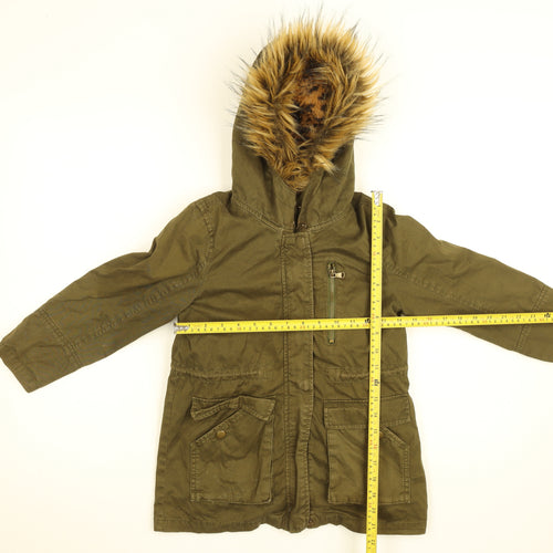 Zara Girls Green Faux Fur Lined Hooded Parka Coat 7 Years