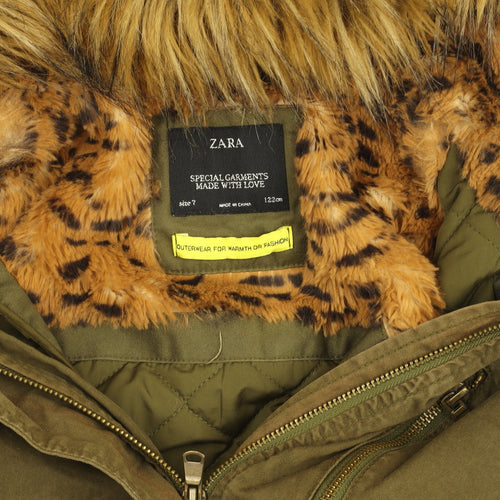 Zara Girls Green Faux Fur Lined Hooded Parka Coat 7 Years