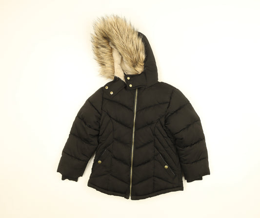 Next Girls Black Faux Fur Hooded Puffer Coat 5 Years Winter Jacket