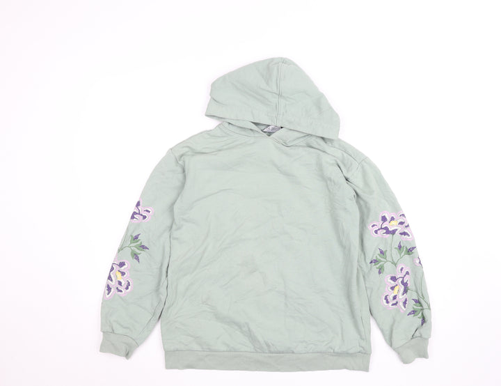 Avenue Women Green Embroidered Floral Pullover Hoodie Size 8-10