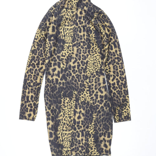 Boohoo Women’s Brown Leopard Print Bodycon Dress Size 6 Long Sleeve