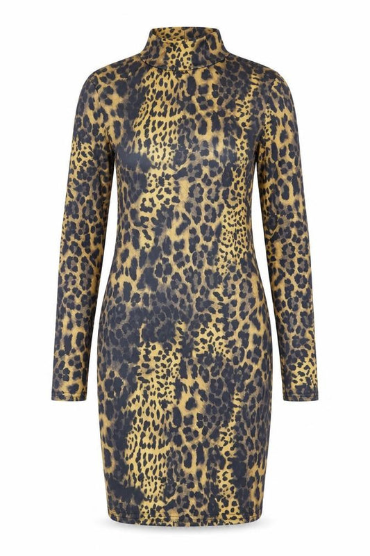 Front view of Boohoo Women’s Brown Leopard Print Bodycon Dress, size UK 6, Long Sleeve