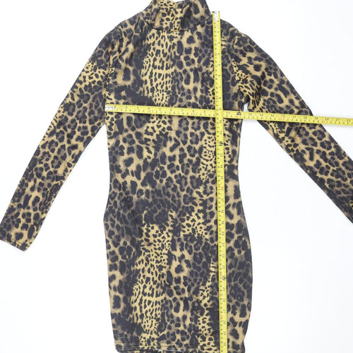 Boohoo Women’s Brown Leopard Print Bodycon Dress Size 6 Long Sleeve