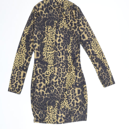 Boohoo Women’s Brown Leopard Print Bodycon Dress Size 6 Long Sleeve