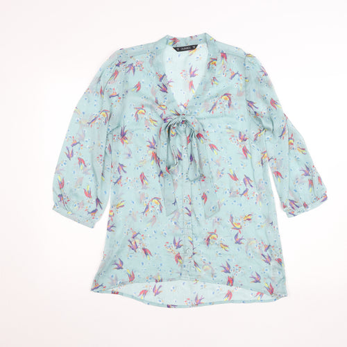 Dunnes Women’s Blue Floral Bird Print Tie Neck Tunic Blouse Size 10