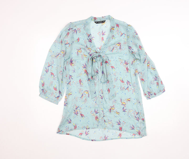 Dunnes Women’s Blue Floral Bird Print Tie Neck Tunic Blouse Size 10