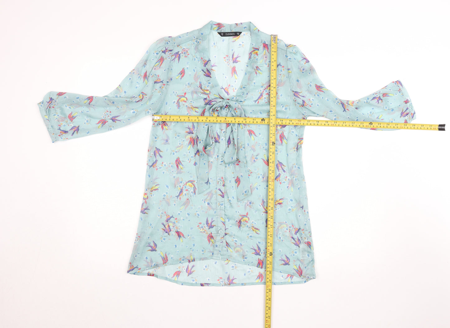 Dunnes Women’s Blue Floral Bird Print Tie Neck Tunic Blouse Size 10