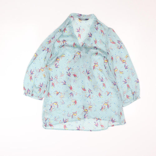 Dunnes Women’s Blue Floral Bird Print Tie Neck Tunic Blouse Size 10