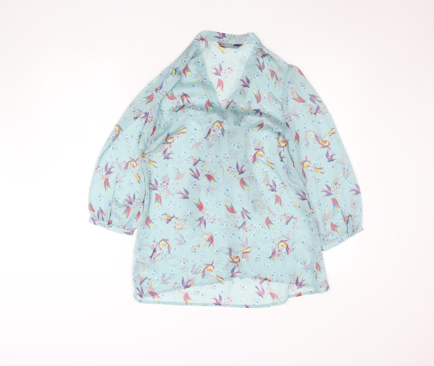 Dunnes Women’s Blue Floral Bird Print Tie Neck Tunic Blouse Size 10