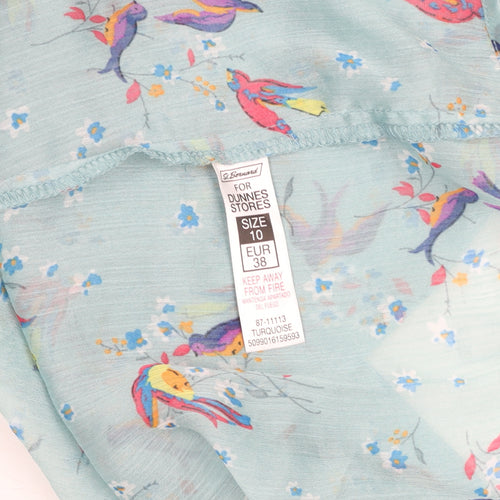 Dunnes Women’s Blue Floral Bird Print Tie Neck Tunic Blouse Size 10