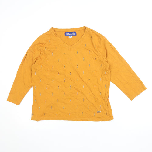 Paco Coastal Women’s Yellow Cotton Beaded V-Neck 3/4 Sleeve T-Shirt Size 12