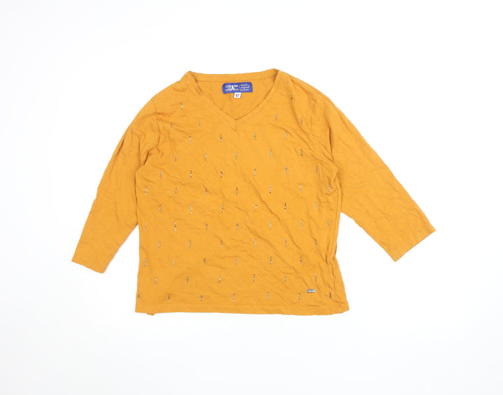 Paco Coastal Women’s Yellow Cotton Beaded V-Neck 3/4 Sleeve T-Shirt Size 12