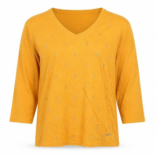 Paco Coastal Women’s Yellow Cotton Beaded V-Neck 3/4 Sleeve T-Shirt Size 12