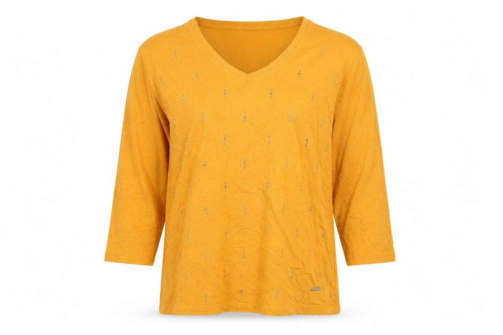Paco Coastal Women’s Yellow Cotton Beaded V-Neck 3/4 Sleeve T-Shirt Size 12