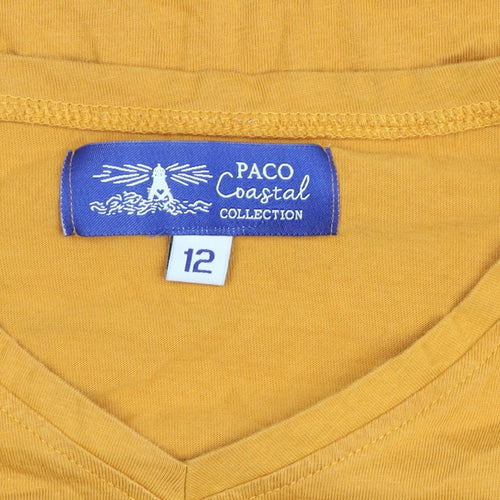 Paco Coastal Women’s Yellow Cotton Beaded V-Neck 3/4 Sleeve T-Shirt Size 12
