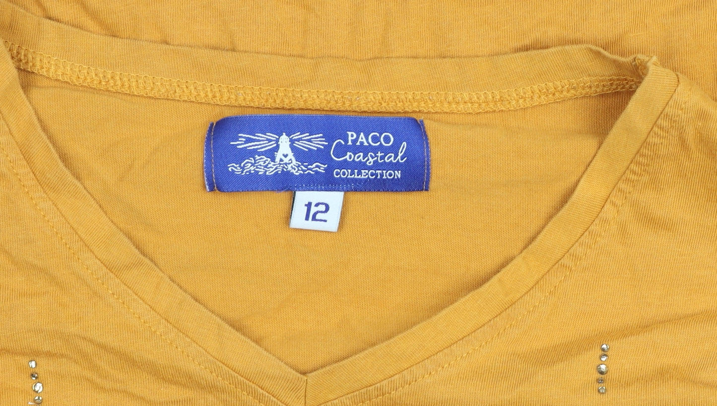 Paco Coastal Women’s Yellow Cotton Beaded V-Neck 3/4 Sleeve T-Shirt Size 12