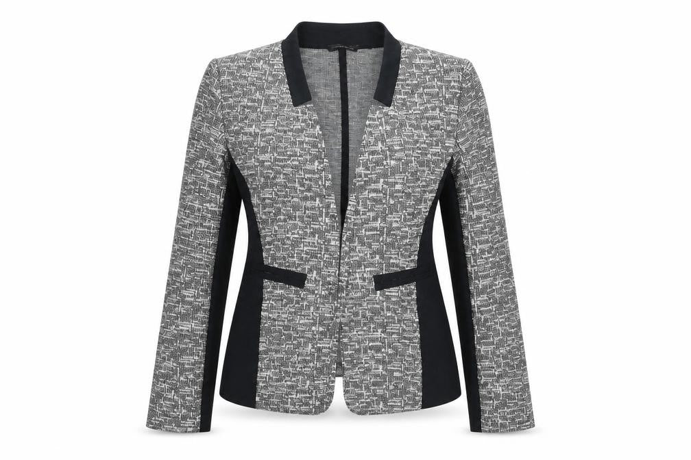 Front view of Warehouse Women’s Black Tweed Open Blazer Jacket, size UK 10