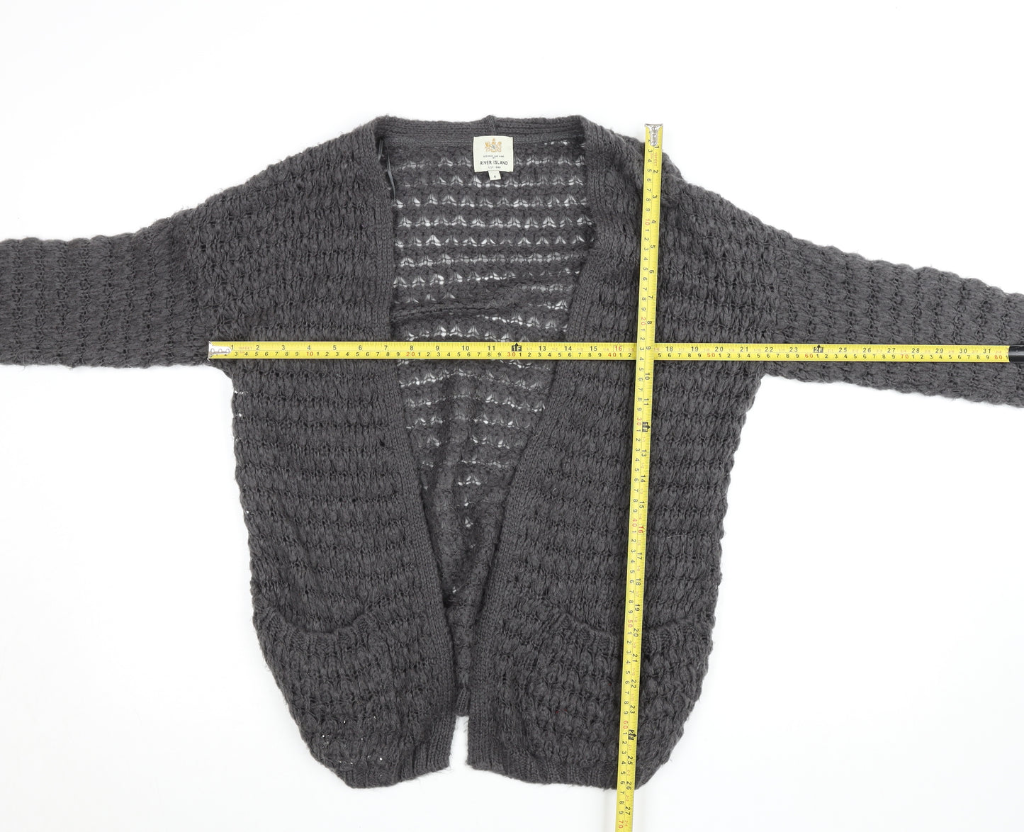 River Island Women's Grey Chunky-Knit Open Cardigan Size 6