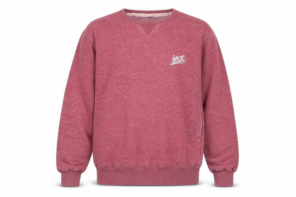 Front view of inct men’s red pullover crew neck sweatshirt, size M, cotton blend