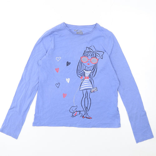 F&F Girls Blue Long Sleeve Graphic T-Shirt 12-13 Years 100% Cotton