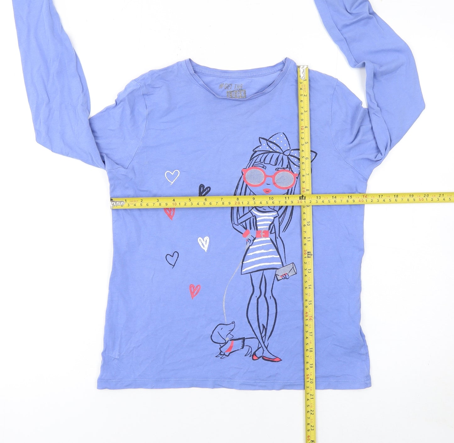 F&F Girls Blue Long Sleeve Graphic T-Shirt 12-13 Years 100% Cotton