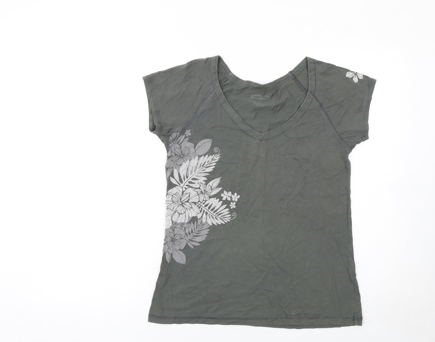 Crazy Shirts Women's Grey Floral V-Neck Cotton T-Shirt Size S