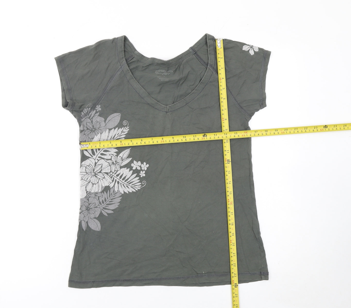 Crazy Shirts Women's Grey Floral V-Neck Cotton T-Shirt Size S