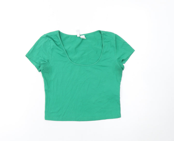 H&M Divided Women’s Green Cropped Slim Fit Scoop Neck T-Shirt Size 12