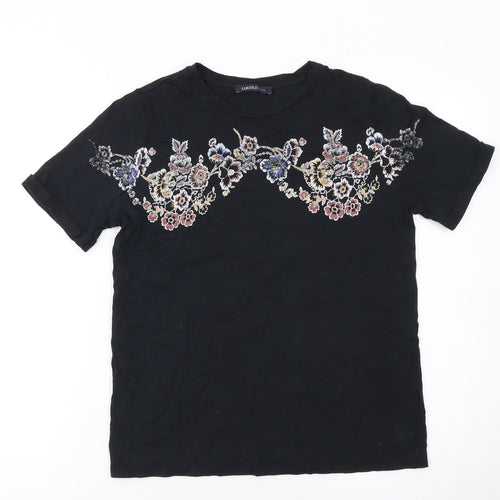 Marks and Spencer Women's Black Embroidered Floral T-Shirt Size 8