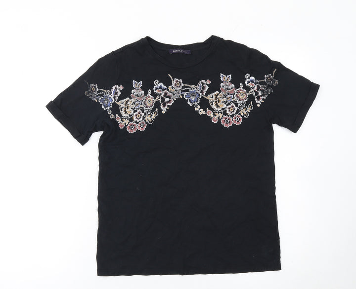 Marks and Spencer Women's Black Embroidered Floral T-Shirt Size 8