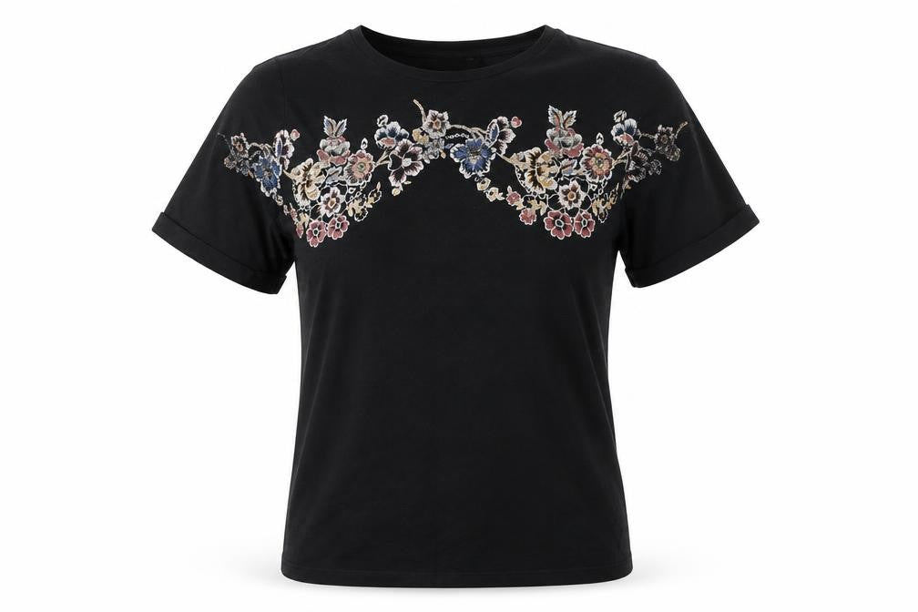 Marks and Spencer Women's Black Embroidered Floral T-Shirt Size 8
