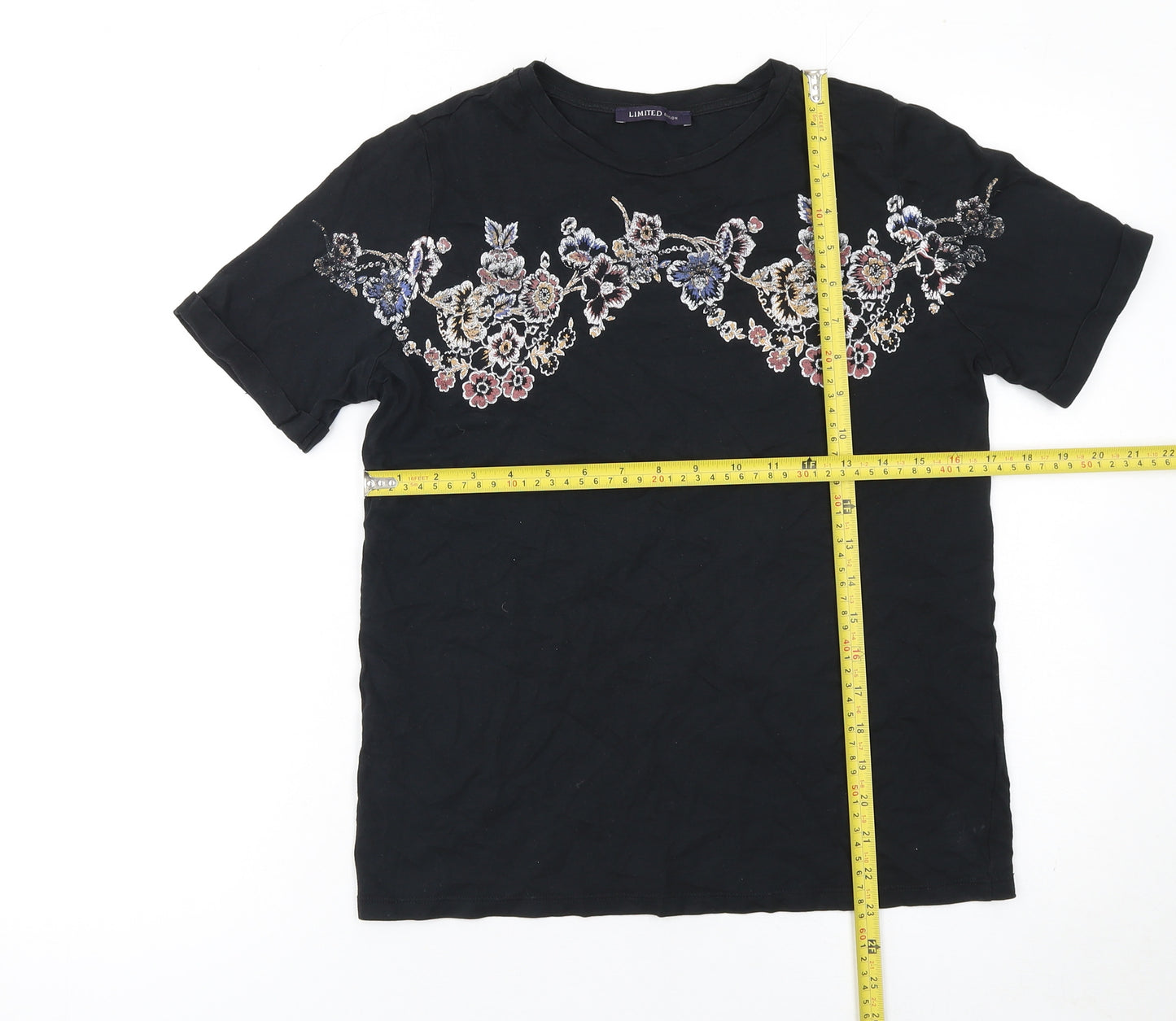 Marks and Spencer Women's Black Embroidered Floral T-Shirt Size 8
