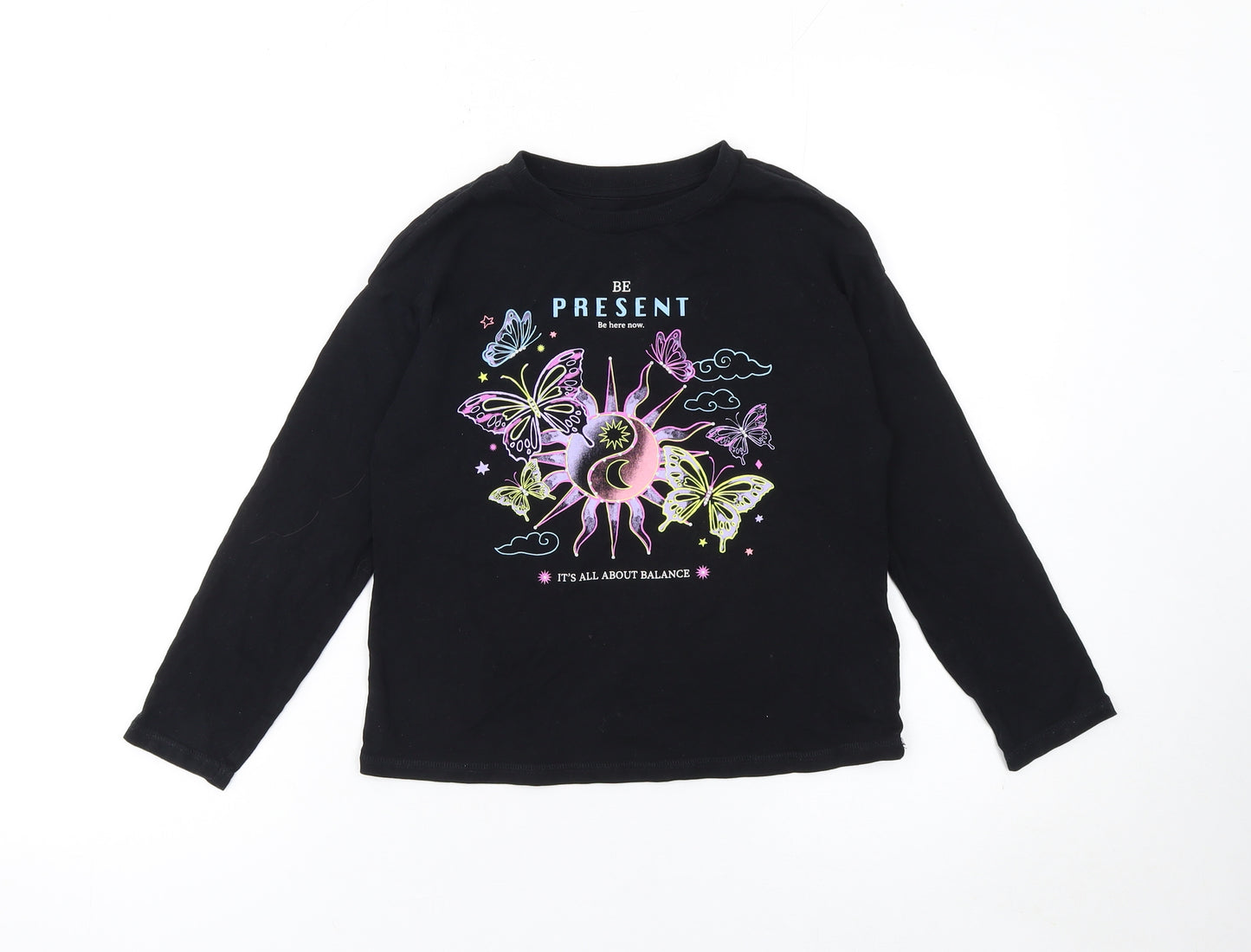 Marks and Spencer Girls Black Long Sleeve Graphic T-Shirt 8-9 Years Regular Fit