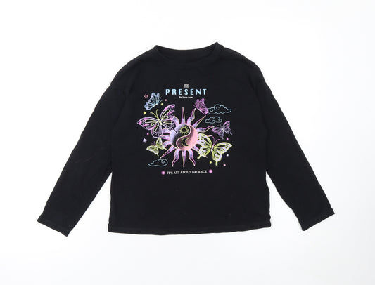 Marks and Spencer Girls Black Long Sleeve Graphic T-Shirt 8-9 Years Regular Fit