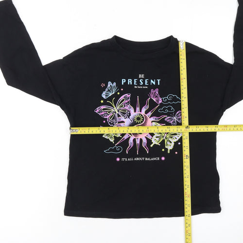 Marks and Spencer Girls Black Long Sleeve Graphic T-Shirt 8-9 Years Regular Fit