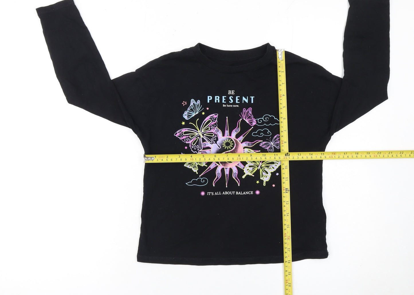 Marks and Spencer Girls Black Long Sleeve Graphic T-Shirt 8-9 Years Regular Fit