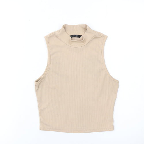 SHEIN Womens Beige Cropped Mock Neck Sleeveless Tank Top S