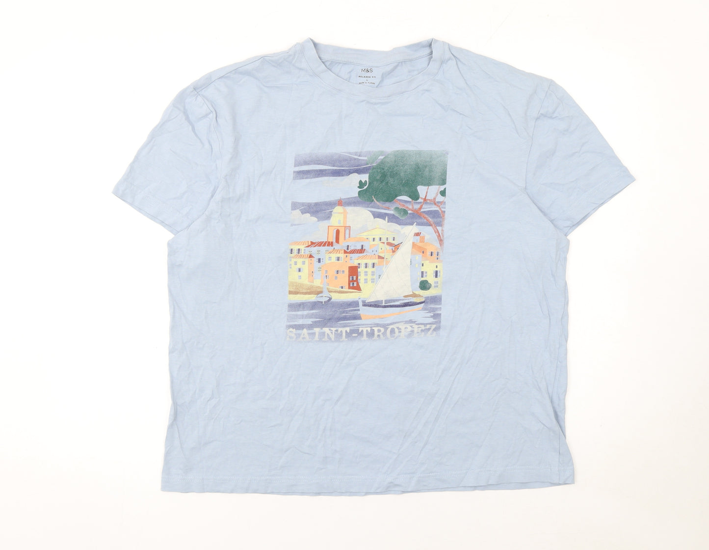 Marks and Spencer Men's Blue Saint-Tropez Graphic Relaxed Fit T-Shirt L
