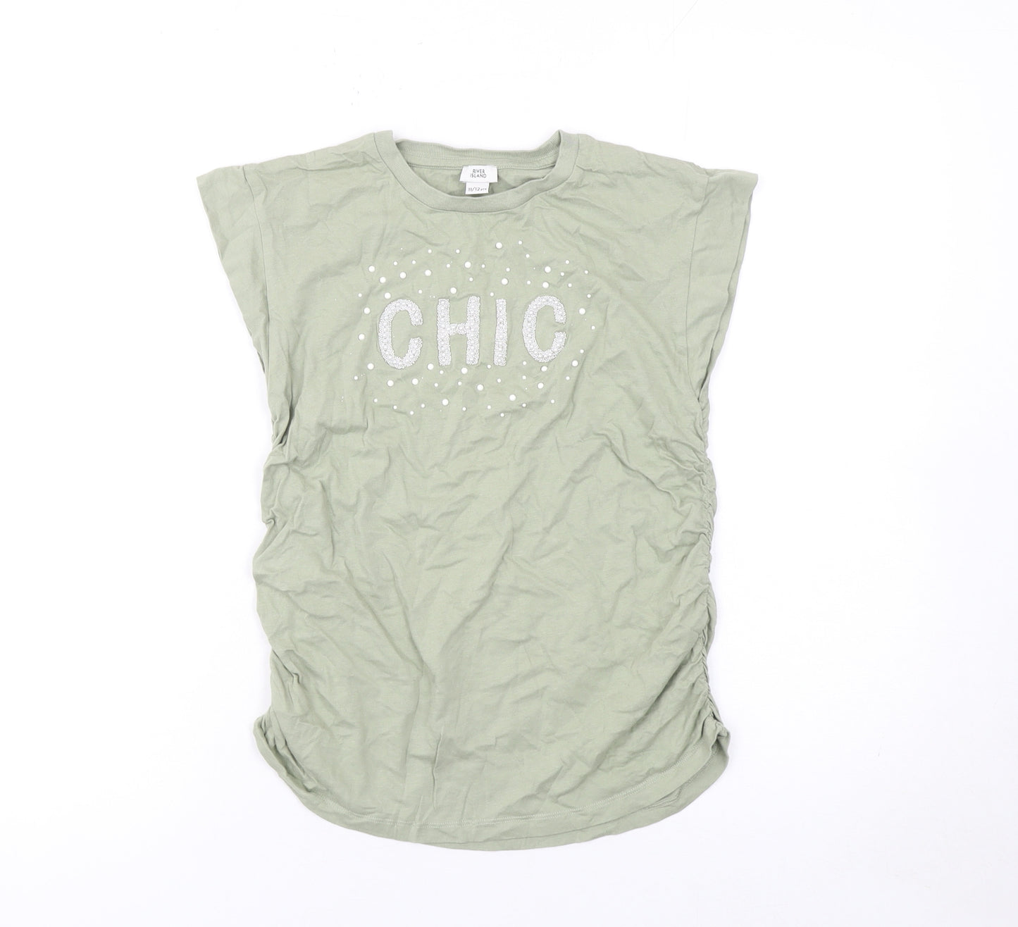 River Island Girls Green Chic Glitter Graphic Cotton T-Shirt 11-12 Years