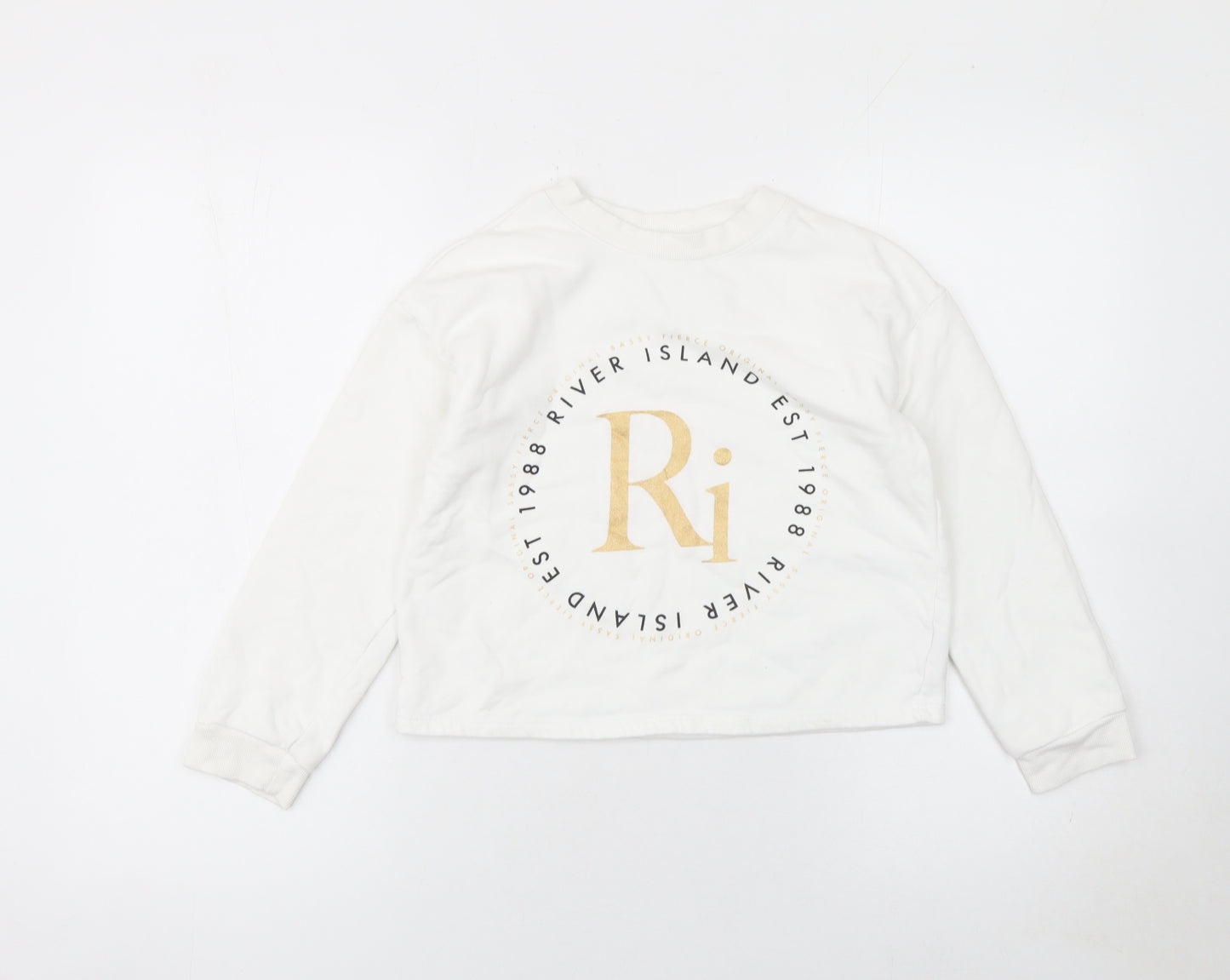 River Island Girls White Gold Logo Sweatshirt 9-10 Years Cotton Blend