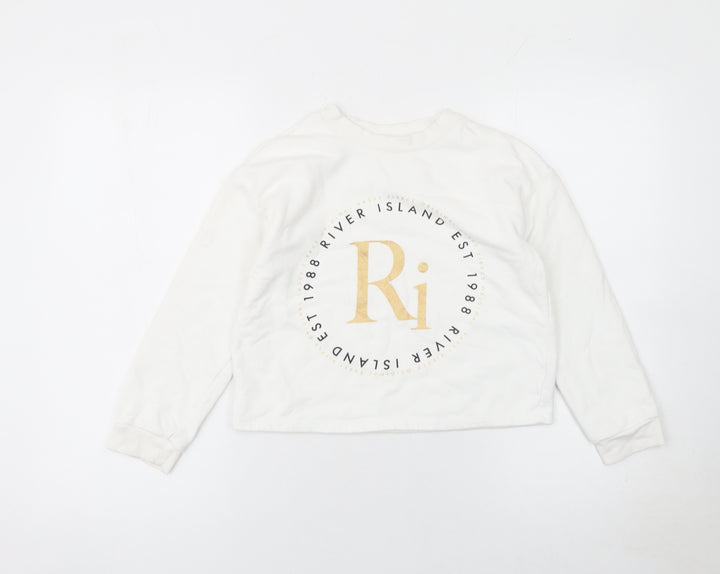 River Island Girls White Gold Logo Sweatshirt 9-10 Years Cotton Blend