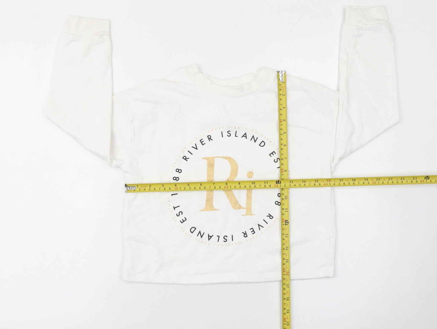 River Island Girls White Gold Logo Sweatshirt 9-10 Years Cotton Blend