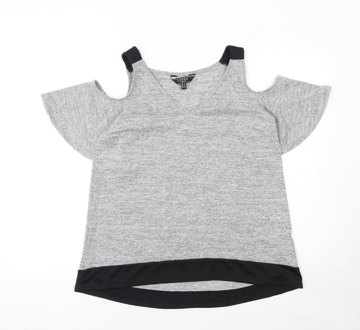 Lipsy Women’s Grey V-Neck Cold Shoulder Short Sleeve Top Size 8