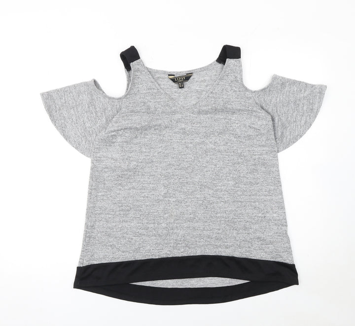 Lipsy Women’s Grey V-Neck Cold Shoulder Short Sleeve Top Size 8